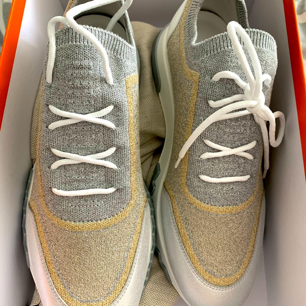 Authentic Hermes Addict Metallic Knit Sneaker in Silver & Gold. Brand New Sz 39